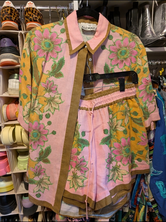 Alemais Tops - ALEMAIS Winnie Pink & Yellow & Brown Floral Linen Shirt and Short Set